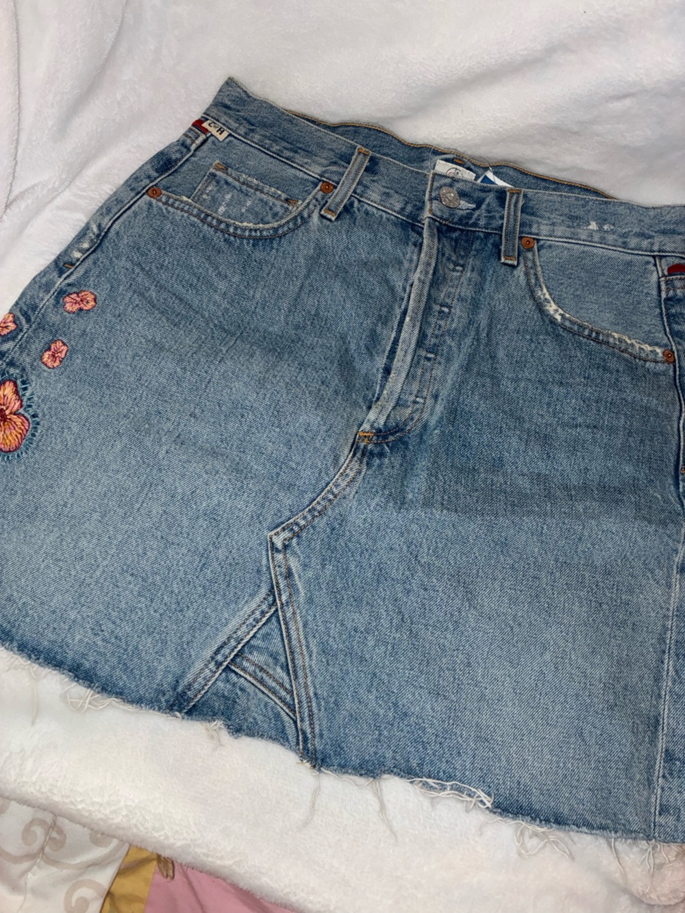 Free People Light Blue Embroidered Denim Skirt